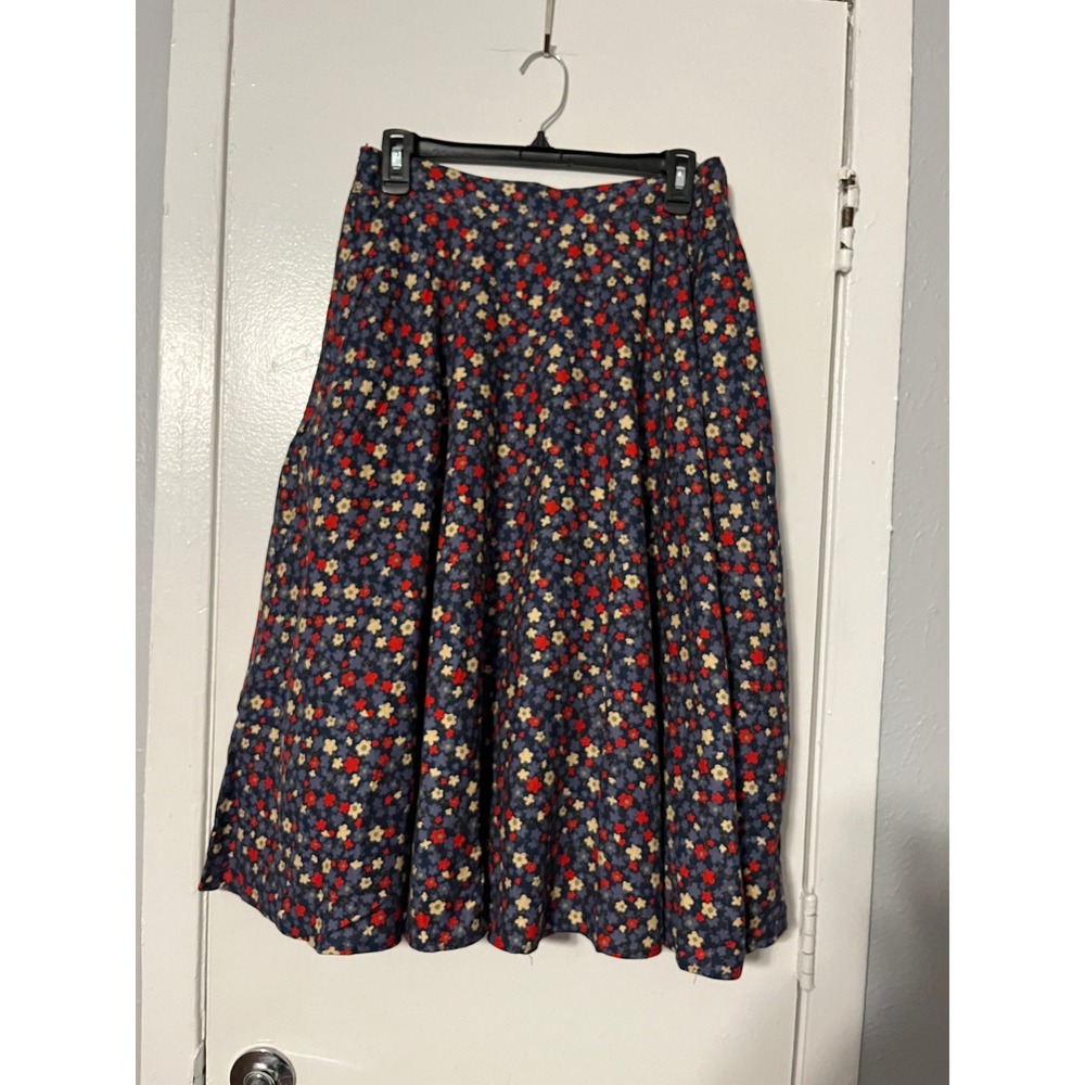 Tulip B J317 Navy Blue Floral Cotton Midi Skirt Pockets NWT Large